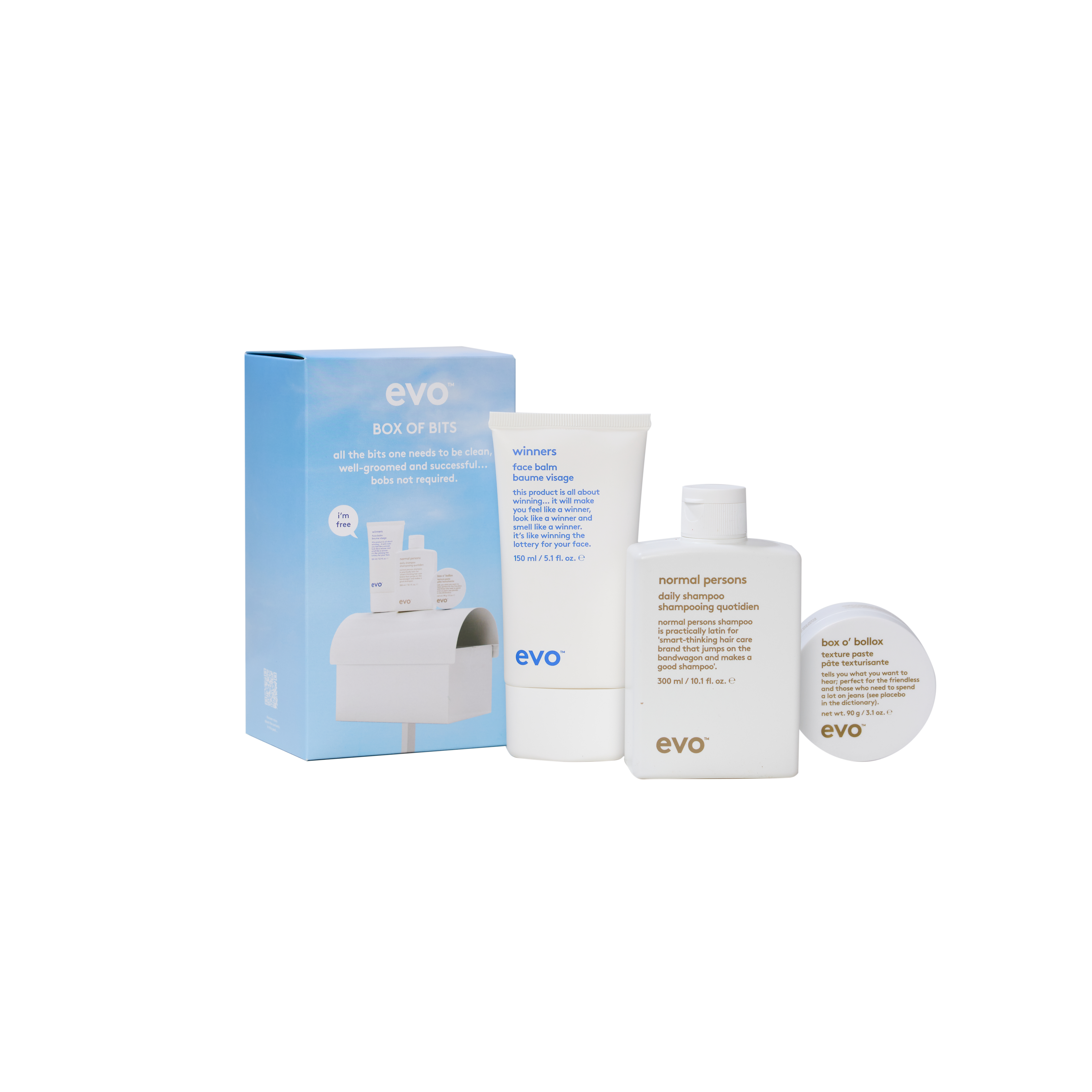 evo box of bits pack: normal persons šampūnas + winners veido balzamas + box o’bollox pasta