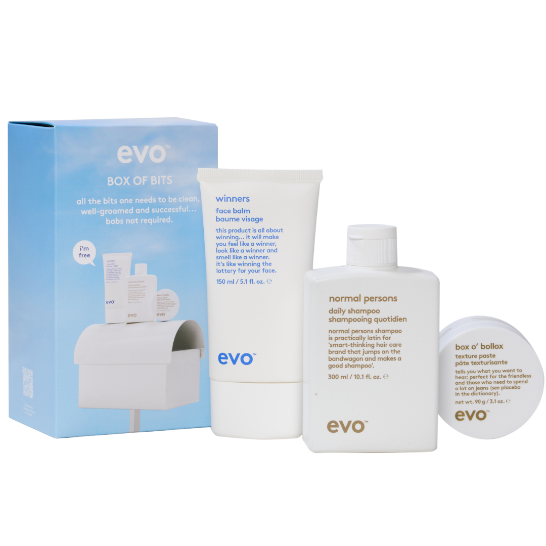 evo box of bits pack: normal persons šampūnas + winners veido balzamas + box o’bollox pasta