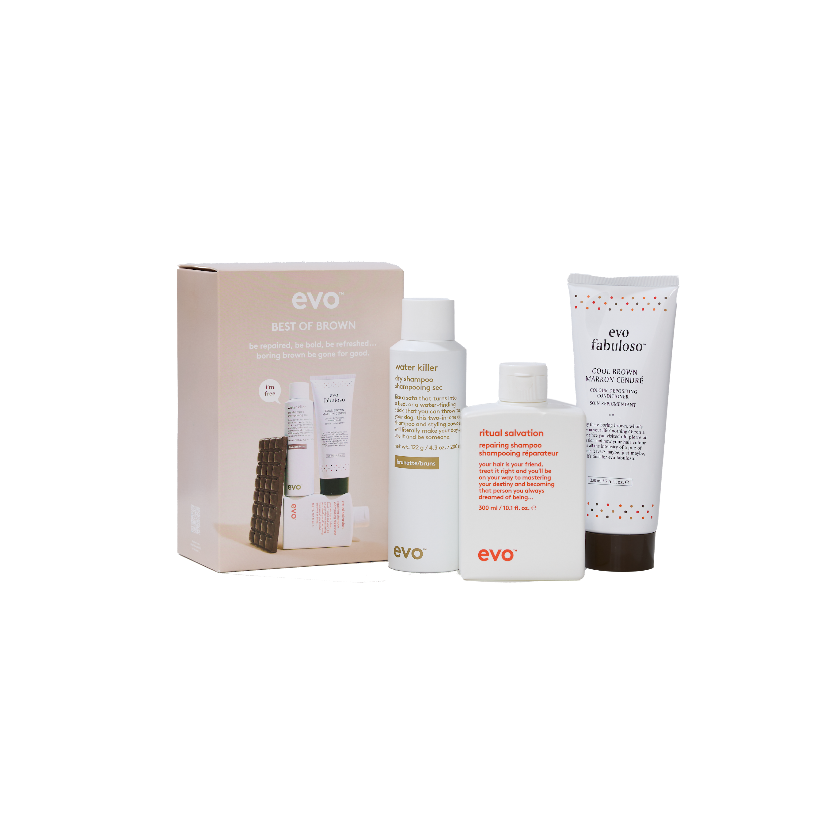 evo fabuloso best of brown pack: ritual salvation šampūnas + fabuloso cool brown spalvos kondicionierius + water killer brunette sausas šampūnas