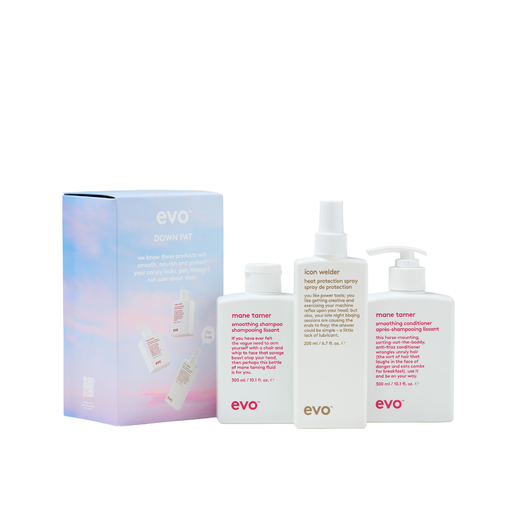 evo down pat: mane tamer šampūnas + kondicionierius + icon welder apsauga nuo karščio