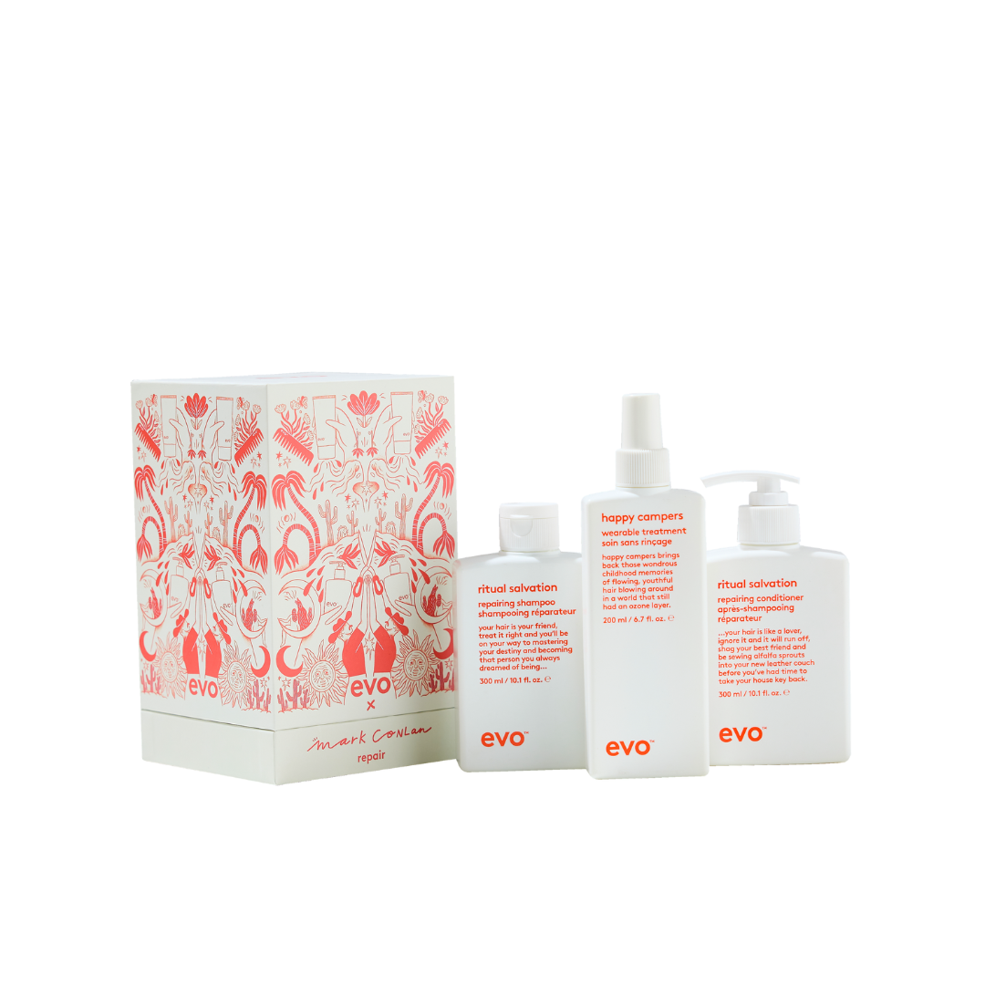 evo good givin' repair: ritual salvation šampūnas + kondicionierius + happy campers fluidas + tote bag